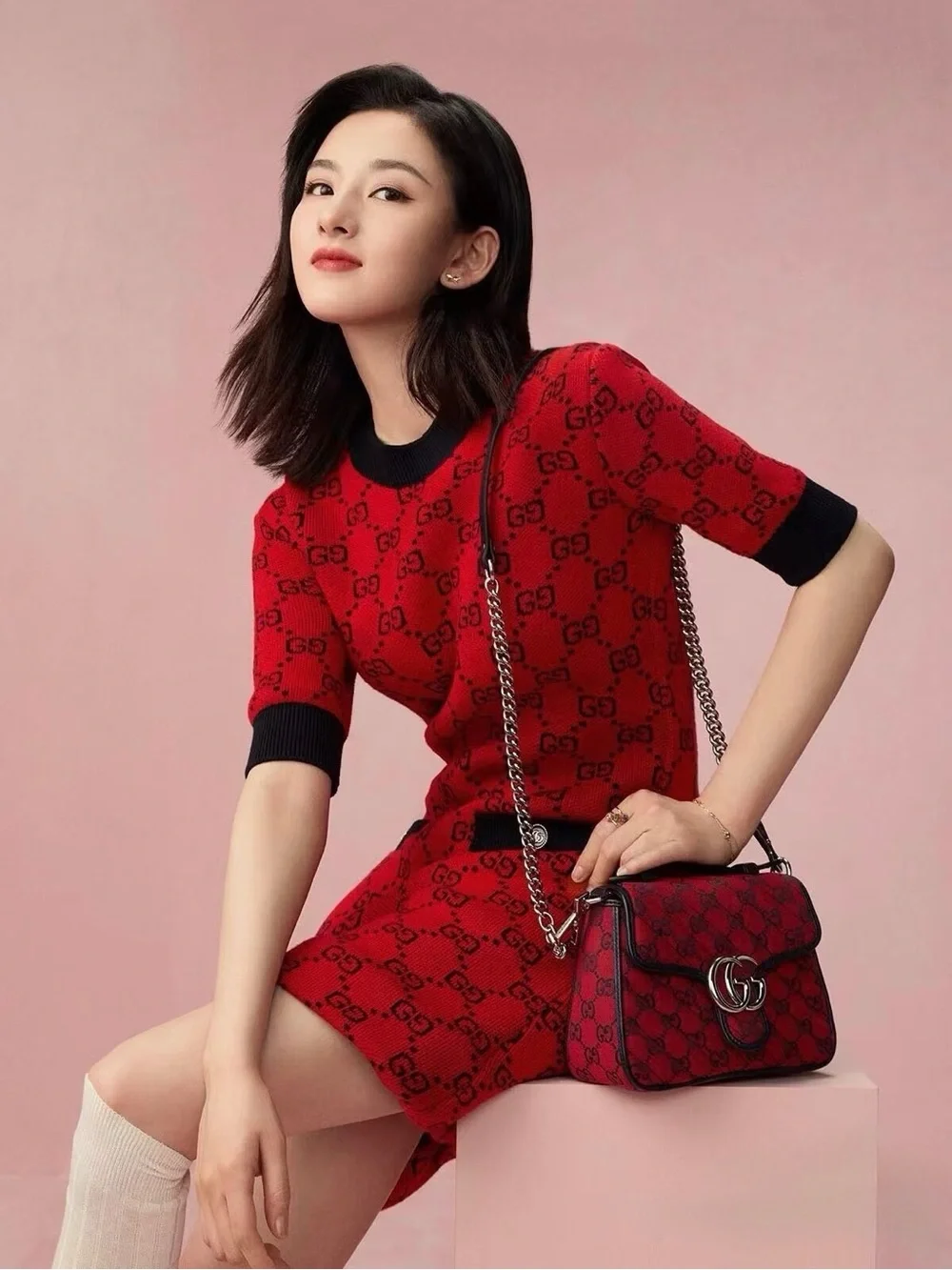 Gucci Red GG Marmont Top Handle Satchel with Black Trim